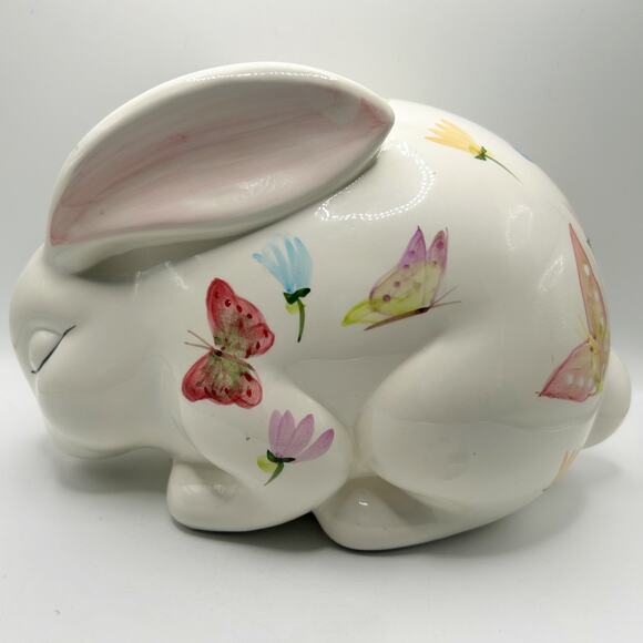 VNTG WCL Hand Painted Colorful Butterfly Pattern Ceramic Sleeping Bunny Rabbit - Picture 3 of 9